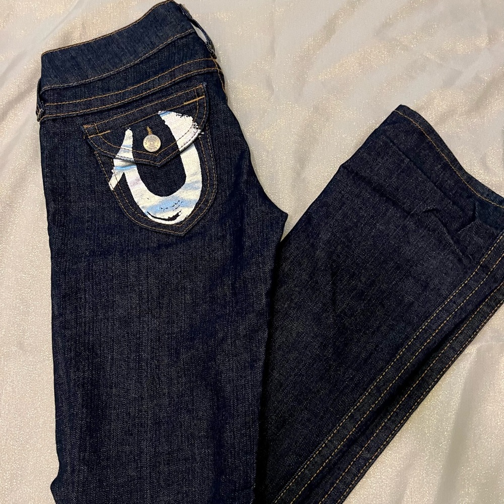 True Religion Becky denim authentic jeans SZ 27 dark blue wash flare